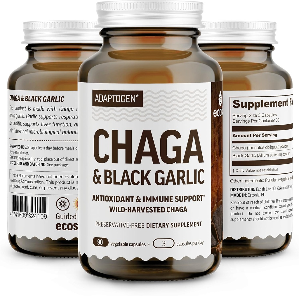 100% Real Wild Chaga Mushroom & Aged Black Garlic Powder Capsules — Antioxidant & Immune Support Supplement | Nordic Forest Chaga Mushrooms with Black Garlic | No Fillers | 1500mg Capsules | 90 ct