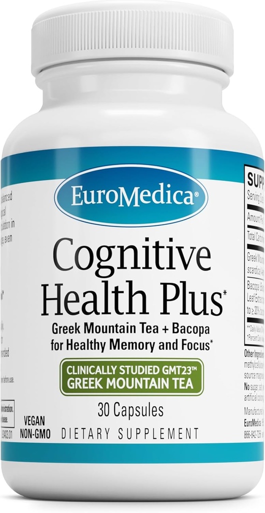 EuroMedica Cognitive Health Plus - Healthy Brain Supplement to Support Focus & Memory - Non-GMO & Vegan Supplement with Greek Mountain Tea & Botanicals - 30 Capsules (30 Servings)