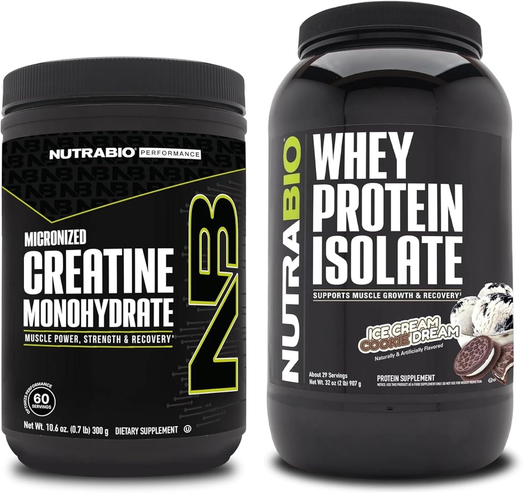 NutraBio Creatine Monohydrate, Unflavored, 300g and Whey Protein Isolate, Ice Cream Cookie Dream, Supplement Bundle - Muscle Energy, Lean Muscle Growth, Recovery, and Strength