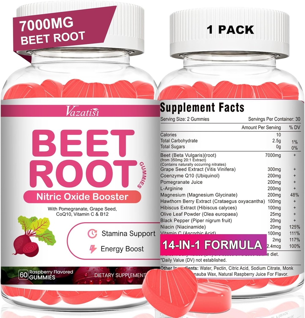 Beet Root Gummies - Nitric Oxide Beet Gummies for Circulation Support, Nitric Oxide Production - with Grape Seed, Hawthorn Berry, Hibiscus, Organic, Non-GMO, 60 Gummies