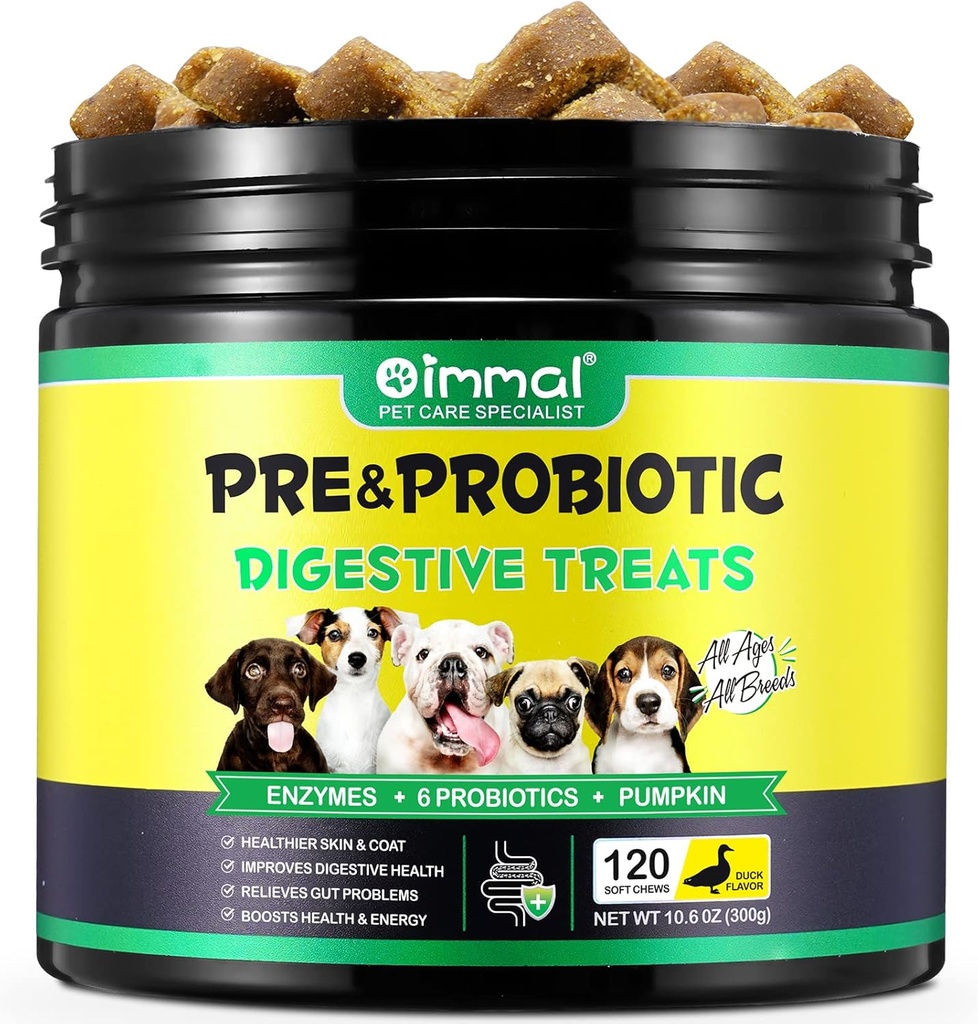 Probiotics for Dogs - Pre & Probiotic Digestive Treats for Dog, Support Gut Health, Seasonal Allergies, Itchy Ears, Dog Supplement Soft Chews, Immune Function Support for Dogs - 120pc/Duck Flavor