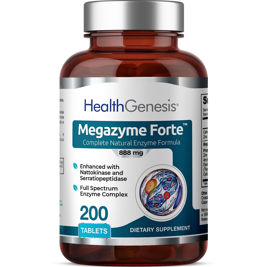 Megazyme Forte 200 Tablets - Natural Plant Proteolytic Enzymes Nattozimes Serrazimes Supports Digestive System Immune Health