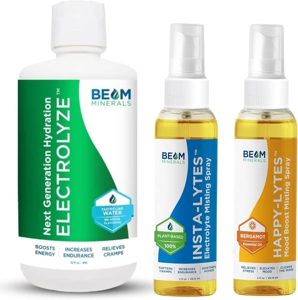 Beam Minerals Electrolyte Imbalance Solution Electrolyze and Insta-Lytes Natural Liquid Electrolytes 2oz and Happy-Lytes Fulvic Electrolyte Misting Spray 2oz