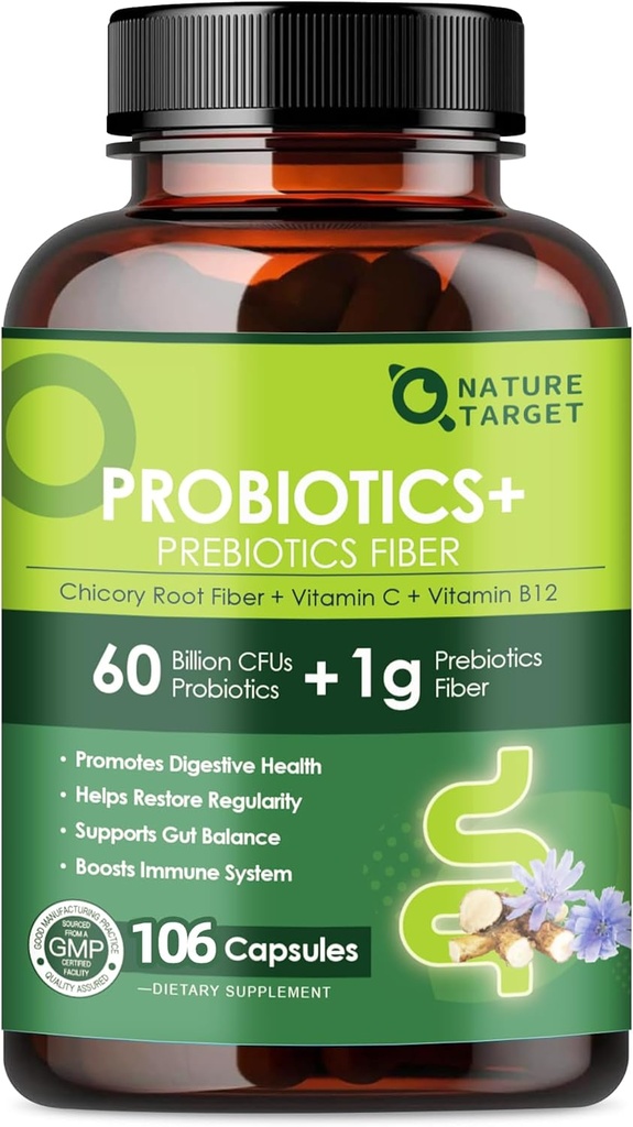 Probiotics for Women Digestive Health with Prebiotic Fiber - Fiber Supplement with 60 Billion Probiotic for Regularity & Gut Cleanse - Supports Occasional Constipation - 106 Veggie Capsules