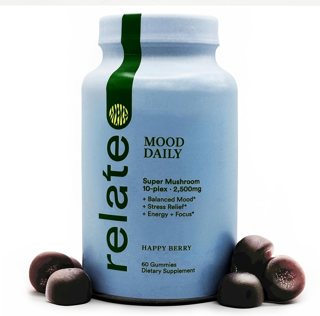 relate Mood Daily Happy Berry Gummies - Super Mushroom Complex for Balanced Mood & Cognitive Support - 60 Count