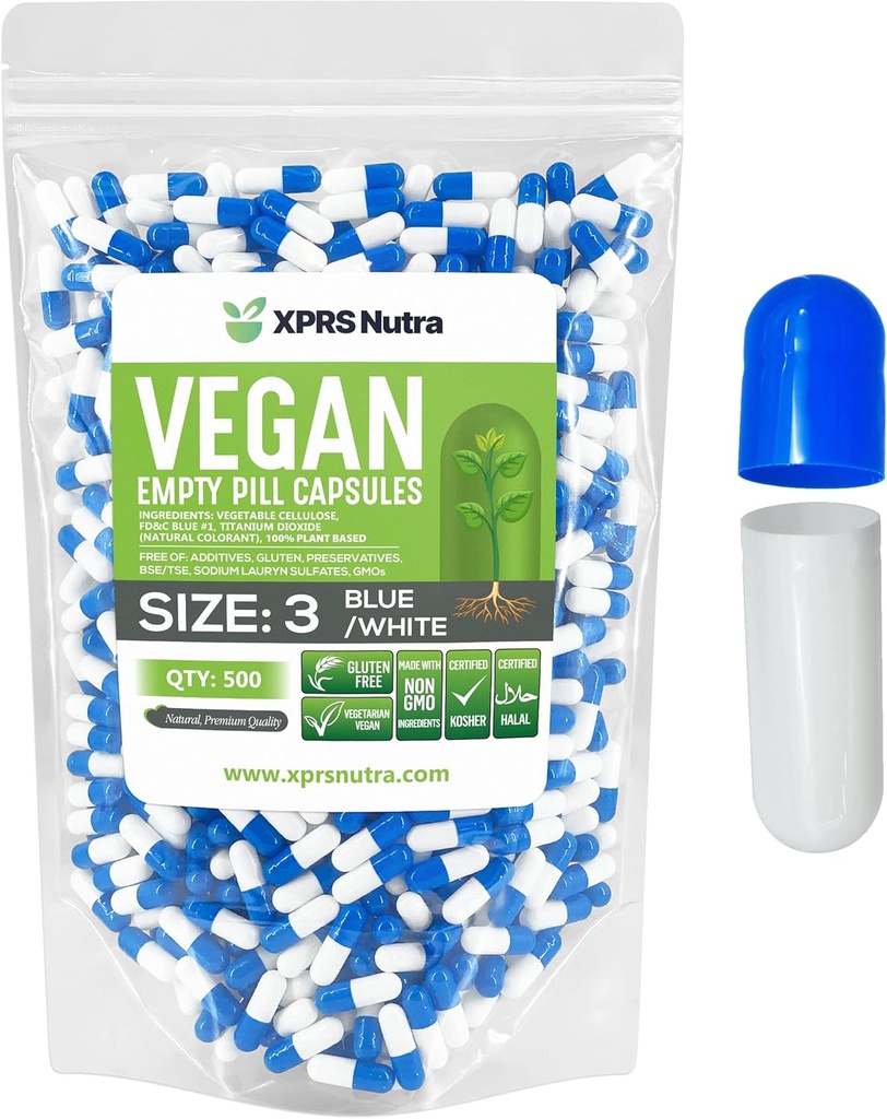 XPRS Nutra Size 3 Empty Capsules - 500 Count Empty Vegan Capsules - Vegetarian Pills - DIY Vegetable Capsule Filling - Veggie Pill Caps (Blue/White)