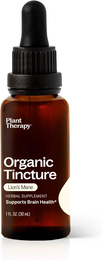 Plant Therapy Organic Lion's Mane Tincture 30 mL (1 oz) Supports Brain Health, Mental Clarity & Memory, Potent & Natural Extraction Process, Vegan, Non GMO, Gluten Free, Liquid, 1 Bottle