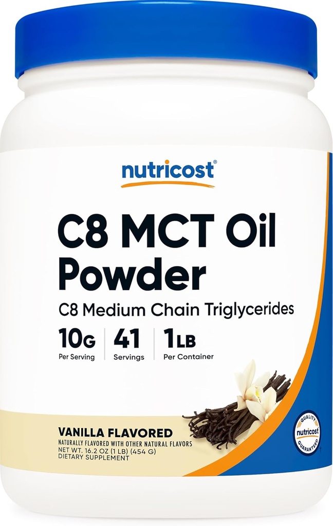 Nutricost C8 MCT Oil Powder 1LB (16oz) Vanilla Flavor - 95% C8 MCT Oil Powder, Best for Keto Diets, Non-GMO, Gluten Free