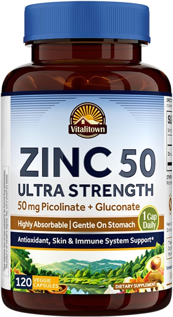 Vitalitown Chelated Zinc 50 mg, Zinc Picolinate & Gluconate, 120 Veggie Capsules, Well-Absorbed, Immune System, Healthy Skin & Development, Vegan, Non-GMO