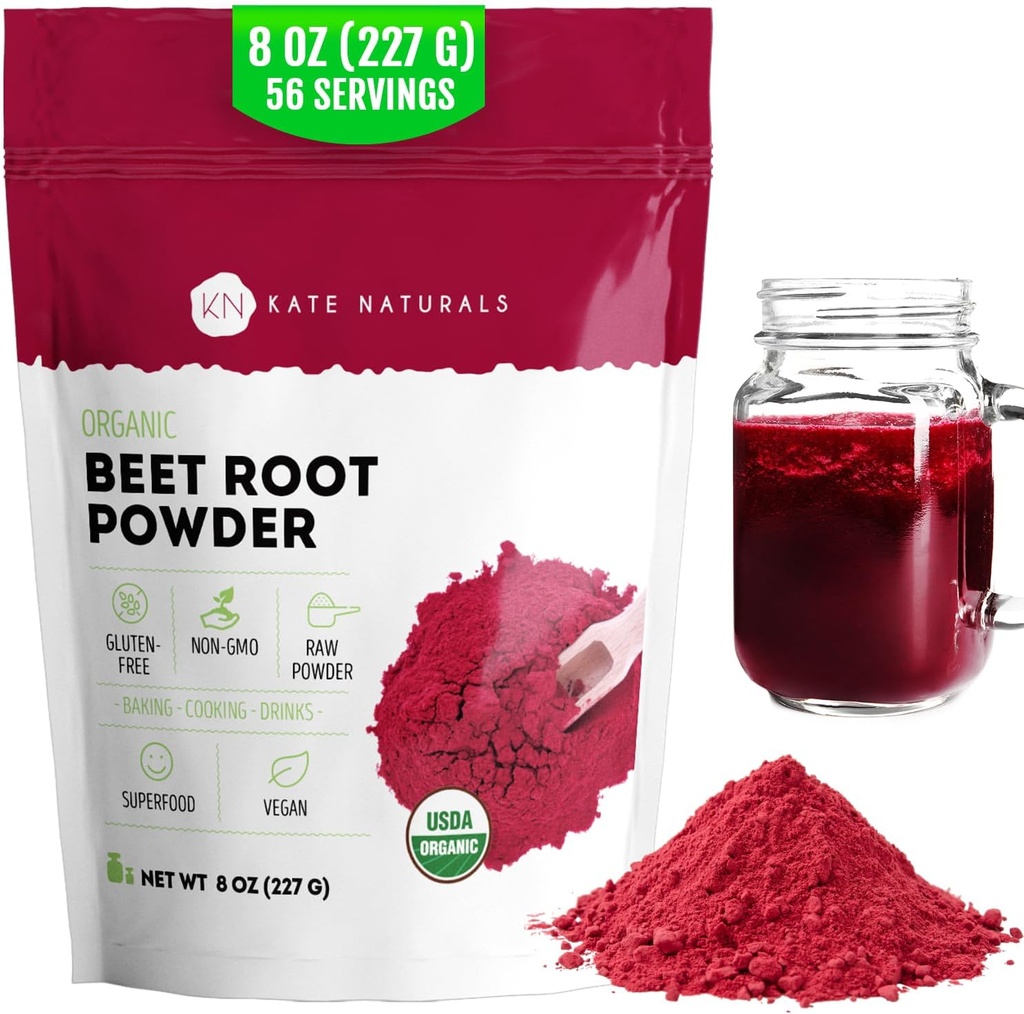 Kate Naturals Organic Beet Root Powder for Smoothies, Baking & Juice. Raw Beetroot Superfood & Natural Red Food Coloring (8oz, Non-GMO, Earthy Flavor)
