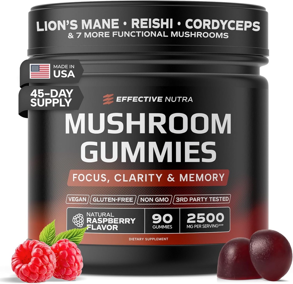 Effective Nutra Mushroom Gummies 2500mg - 10in1 Lion’s Mane, Reishi, Chaga, Cordyceps & More - Focus, Clarity, Memory, Immunity, Energy - Natural Raspberry Flavor, Vegan, Made in USA (90 Count)