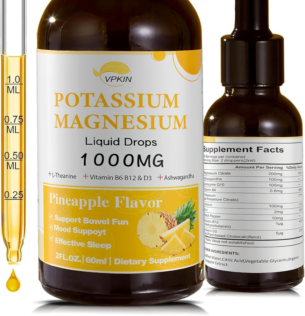 Potassium Magnesium Citrate Supplement,Magnesium Liquid Drops 1000mg with Magnesium Glycinate, Support Calm & Bone & Muscle & Immune Health (Pineapple,2 FL.OZ.)