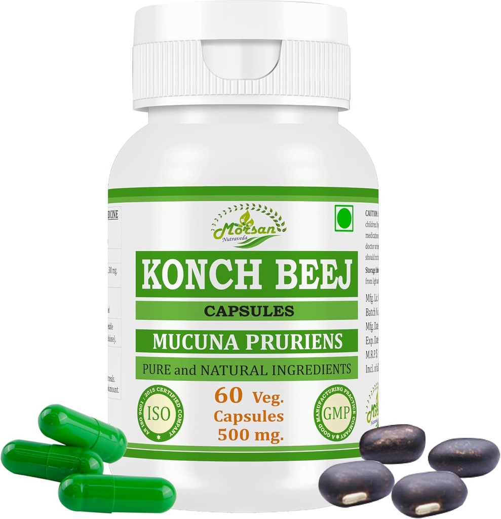 Kaunch MUCUNA PRURIENS Konch Beej, Kaunch Beej Extract Capsules | Highest Potency, 100% Herbal Product | Pack of 60 X 500 mg. Veg. Capsules (Pack of 1 Jar)