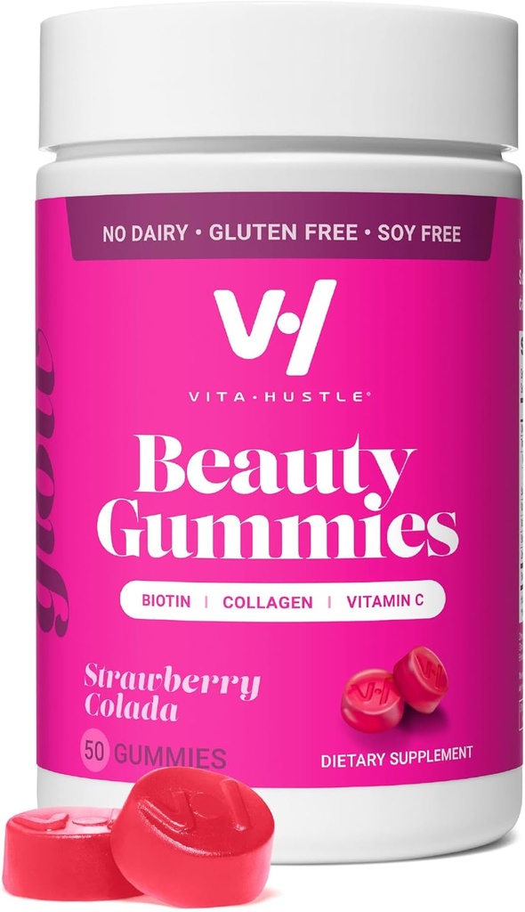 VitaHustle Beauty Gummies, 2500 mcg Biotin, 100 mg Collagen, Vitamin C, B-Complex, Strong Hair, Skin Nails, Low Sugar, Non GMO, Strawberry Colada, 50 Count
