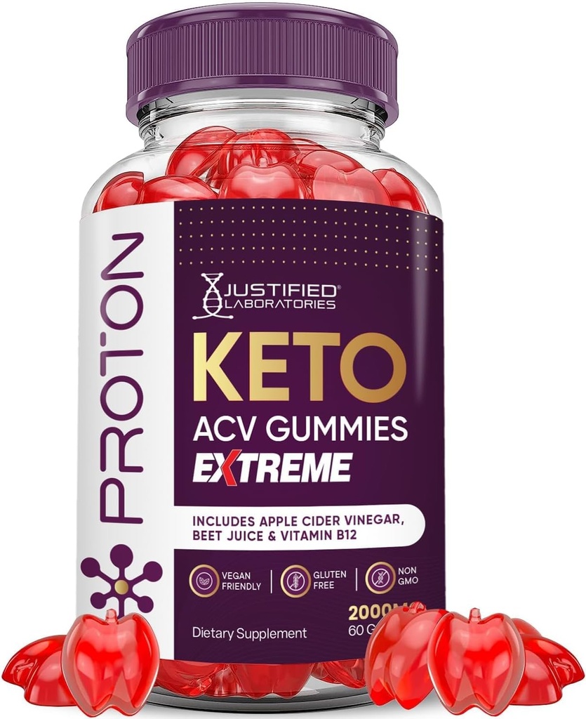 Justified Laboratories Proton Protein Keto ACV Gummies Extreme 2000MG Proton Keto Gummies Apple Cider Vinegar Formulated with Pomegranate Beet Juice Powder B12 Vegan Non GMO 60 Gummys