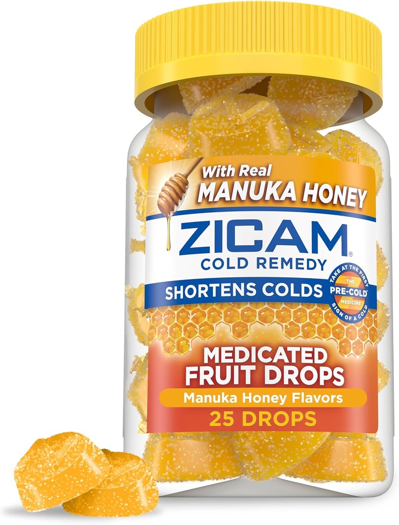Zicam Cold Remedy Zinc Medicated Fruit Drops, Manuka Honey Flavor, Homeopathic, Cold Shortening Medicine, Shortens Cold Duration, 25 Count