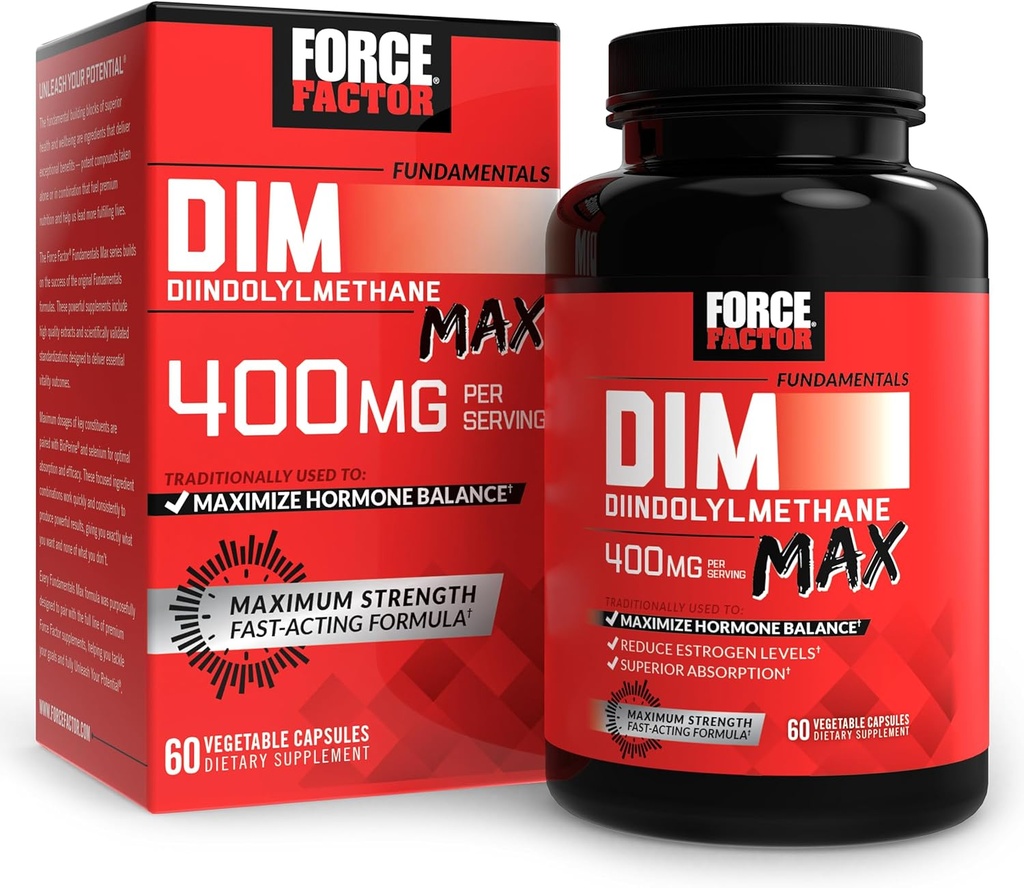 FORCE FACTOR DIM Max, DIM Supplement 400mg, Estrogen Balance for Women & Men, Extra Strength for Hormonal Acne, Metabolism, Menopause, PCOS, Diindolylmethane, Superior Absorption, 60 Capsules