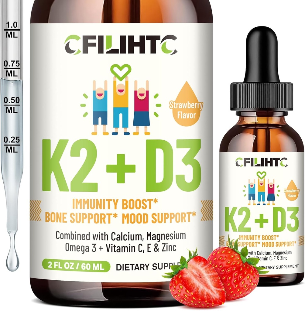Vitamin D3 K2 Drops for Kids - Omega 3, Vitamin E, Calcium, Magnesium & Zinc for Better Absorption - Liquid MK7 1000 IU D3 for Healthy Bones, Teeth & Heart Support - Non-GMO, 2 Fl Oz