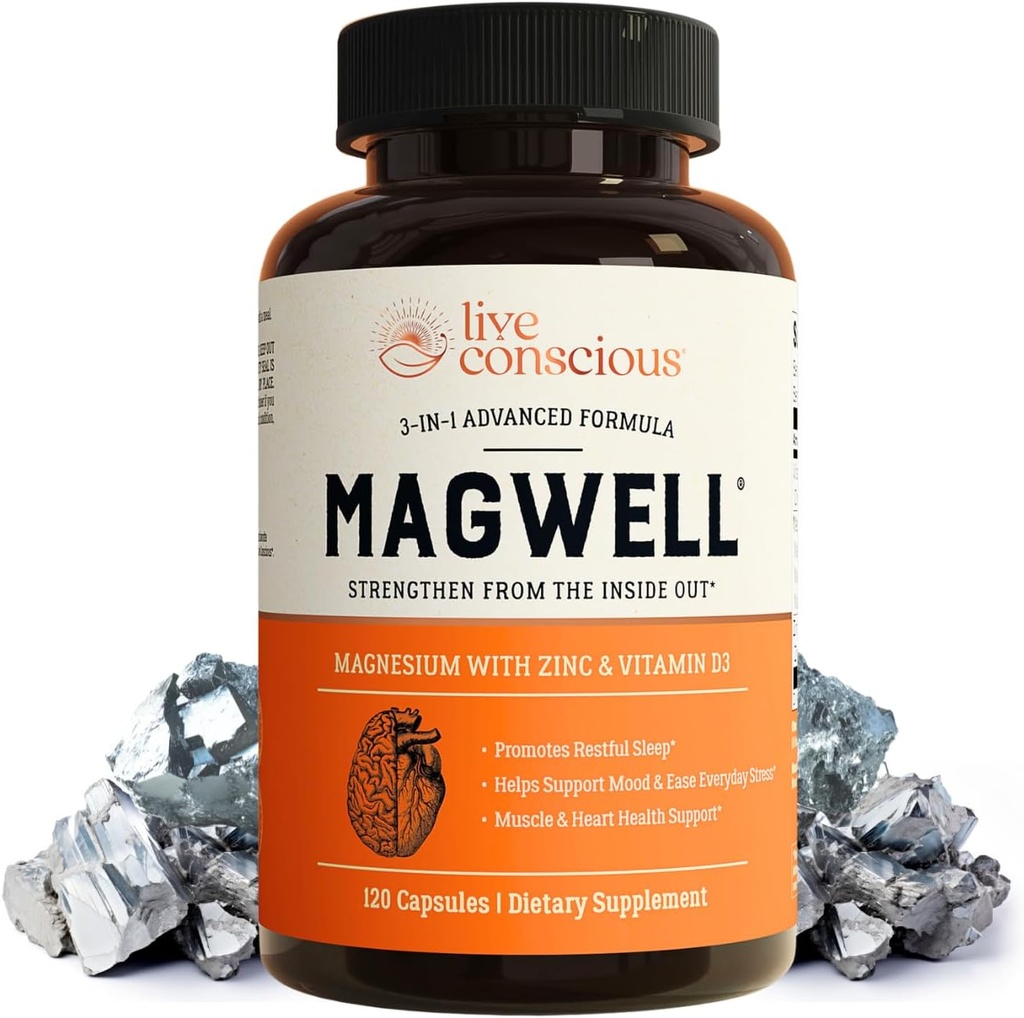 Live Conscious Magwell Magnesium Zinc & Vitamin D3 - Magnesium Glycinate, Malate, & Citrate - Triple Supplement for Women & Men - for Sleep, Bone, Heart, Immune Support - 120 Caps