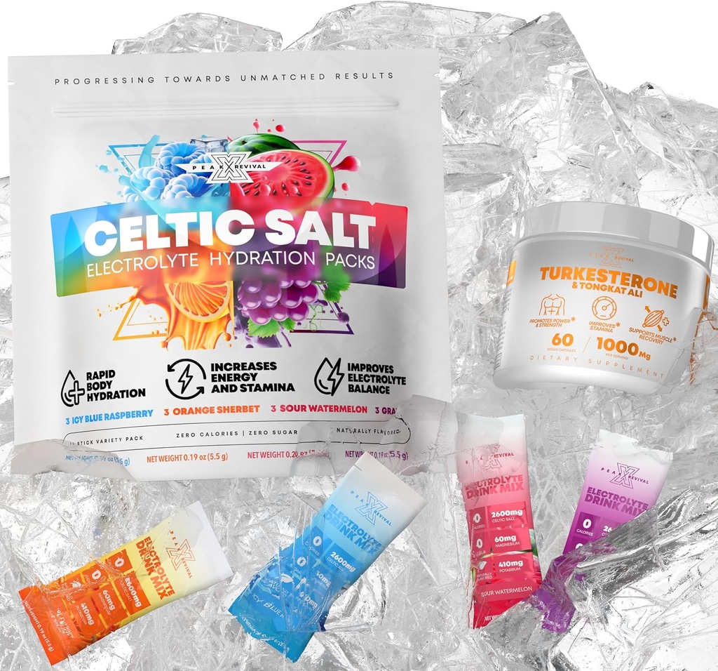 Turkesterone & Tongkat Ali (1000mg) + Electrolytes Powder Packets (12 Electrolyte Packets) Made in The USA