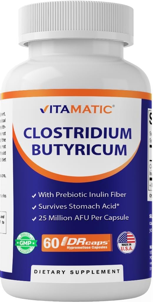 Vitamatic Clostridium butyricum 25 Million - Gut Health - 60 DR Capsules (Delayed Released) - Made with Prebiotic Inulin Fiber