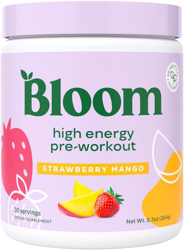 Bloom Nutrition High Energy Pre Workout with Beta Alanine, Ginseng and L Tyrosine for Amino Energy, Natural Caffeine Powder from Green Tea Extract, Keto, Sugar Free Drink Mix, Strawberry Mango