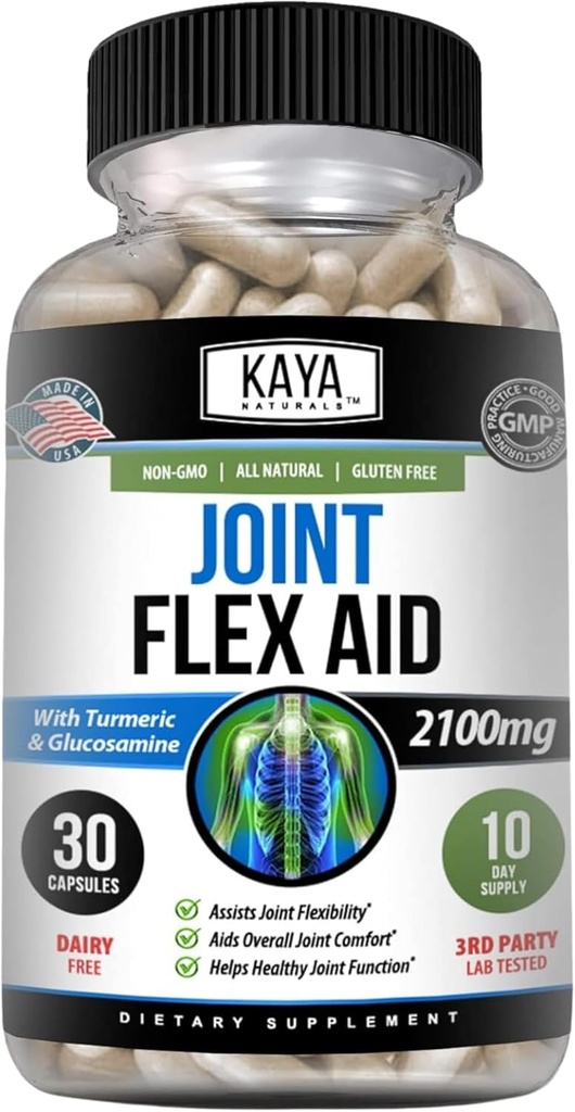Kaya Naturals Mobility Flex Aid - Mobility Support Supplement for Men and Women - Turmeric Capsules with Glucosamine Sulfate - for Knee Support and Mobility Health - 30 Count