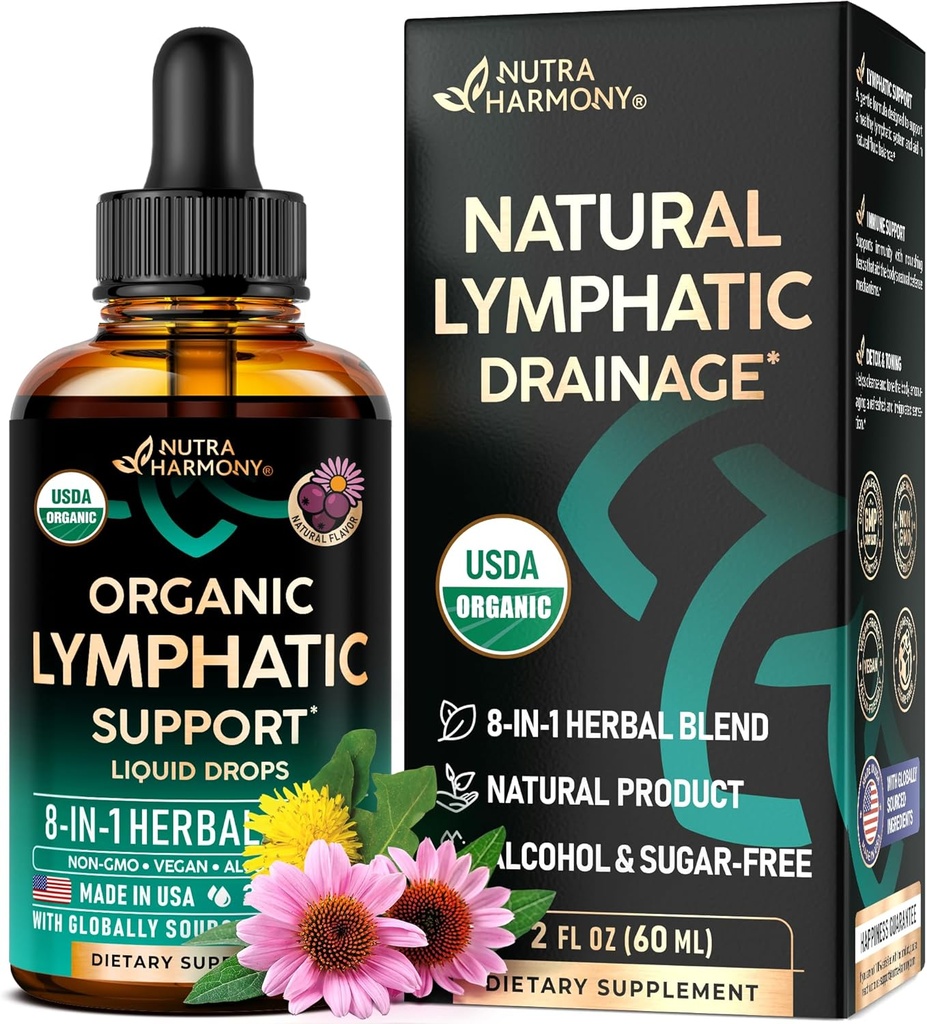 USDA Organic Lymphatic Drainage Supplement - Echinacea | Elderberry | Dandelion | Rosehip | Cleavers | Calendula | Burdock - Made in USA - Lymph System Drops - Immune Support, Cleanse & Detox, 2 fl oz