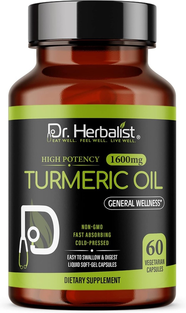 Dr. HERBALIST Turmeric Curcumin Oil Capsules 1600mg - 60 Capsules | Non-GMO | Fasting Absorbing | Vegetarian | Cold-Pressed | High Potency I AKA Haldi Capsules (1 Pack: 60 Capsules)