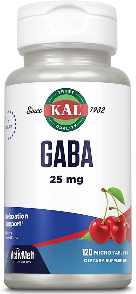 KAL GABA Supplement, Relaxation Support and Stress Relief Support, Natural Cherry Flavor ActivMelt Instant Dissolve, Vegetarian, 60-Day Money-Back Guarantee, 120 Servings, 120 Micro Tablets