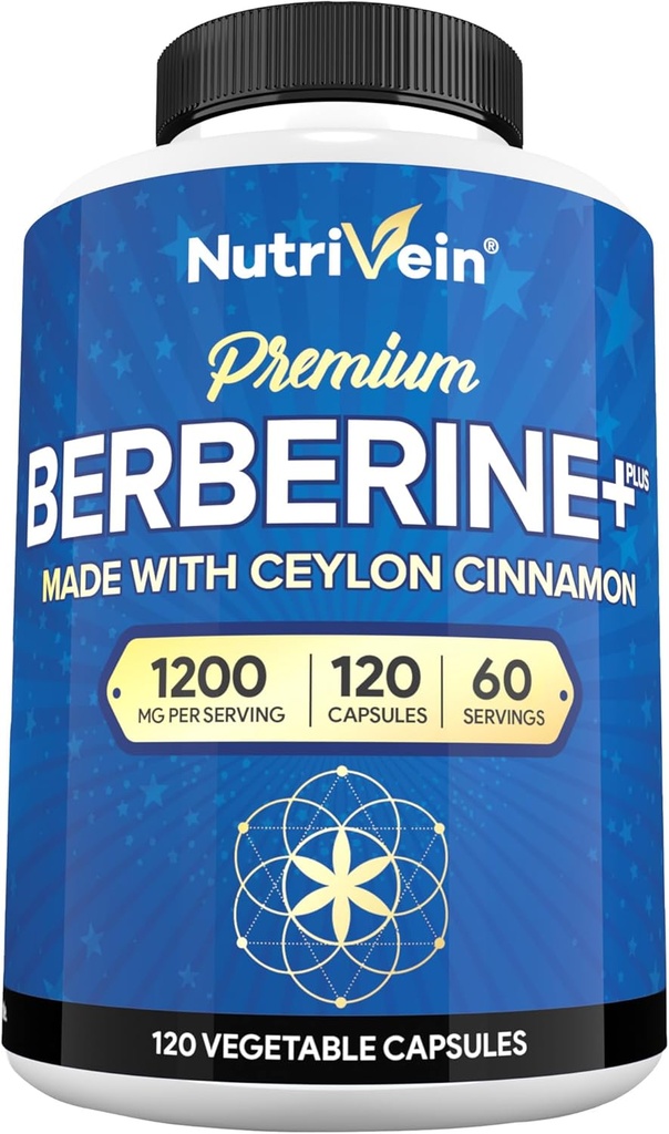 Nutrivein Premium Berberine HCL 1200 mg with Ceylon Cinnamon - 120 Capsules: High-Absorption Berberine Supplement for Defenses, Digestion, & Metabolism