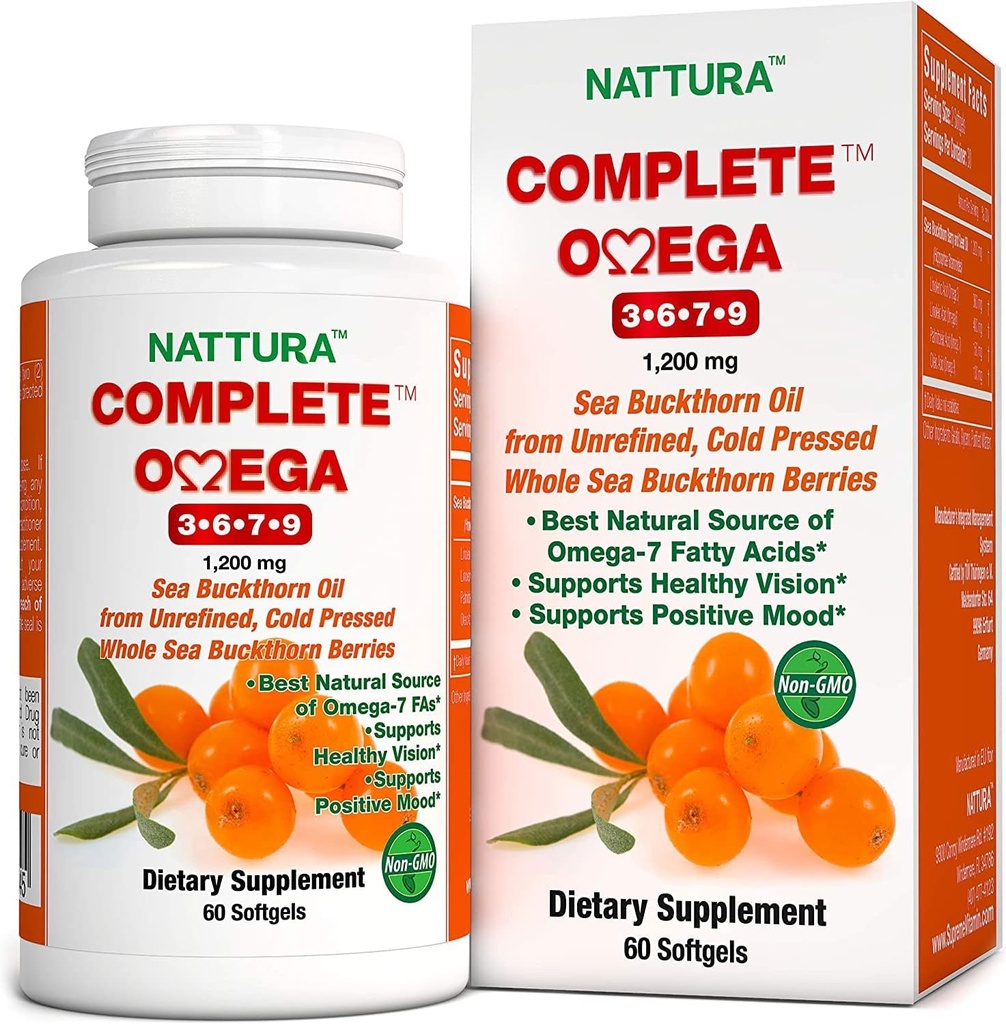 Nattura Complete Omega 3-6-7-9, Pure Sea Buckthorn Oil, European Quality, from Unrefined, Cold Pressed Whole Sea Buckthorn Wild Berries - Non-GMO, Certified Kosher, Gluten-Free 1 Bottle - 60 Capsules