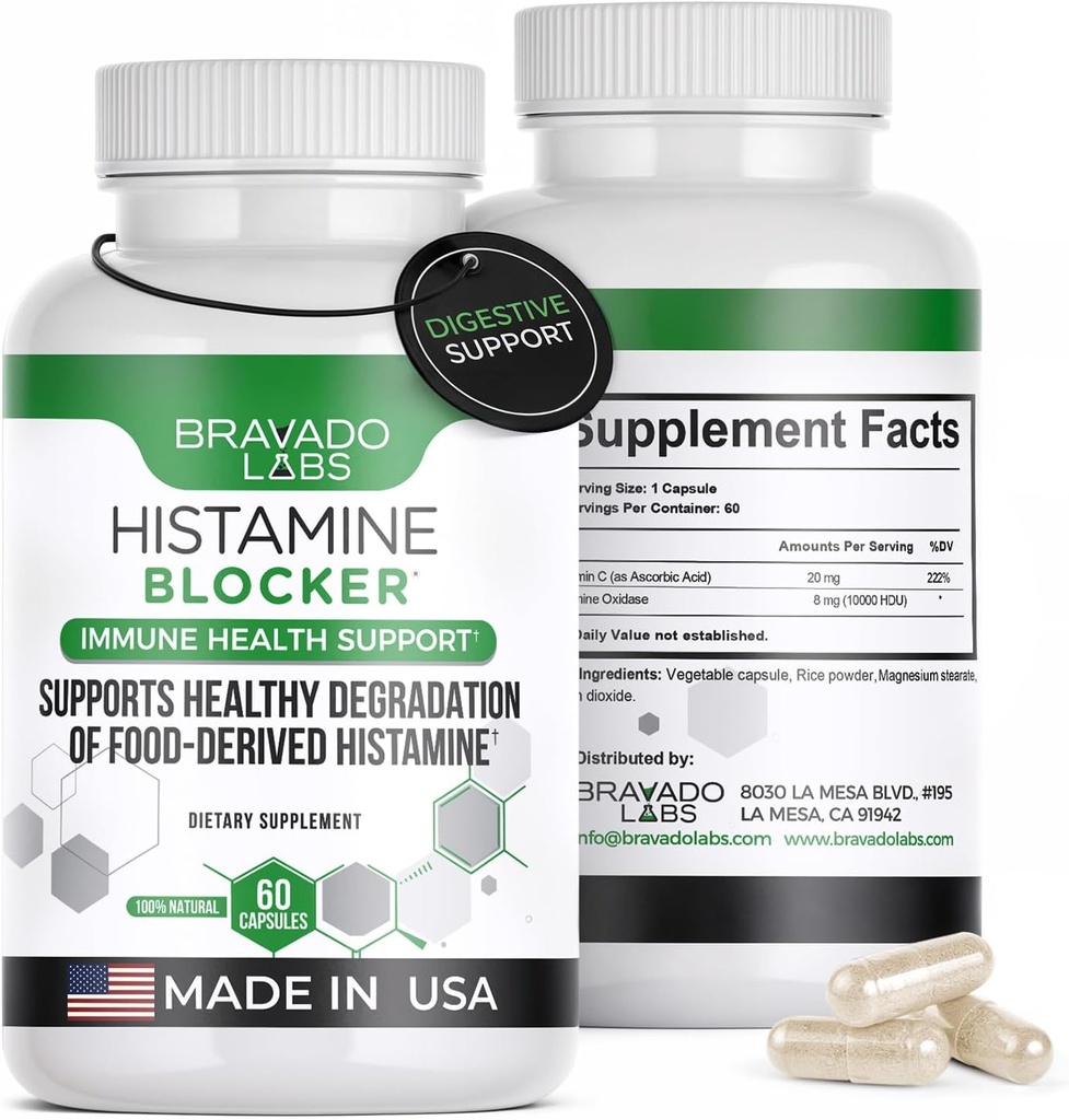 Histamine Blocker Supplements – DAO Enzyme Formula & Vitamin C – Daily Support for Histamine Intolerance & Immune Support – DAO Supplements Histamine Blocker – 60 Capsules – Made in USA