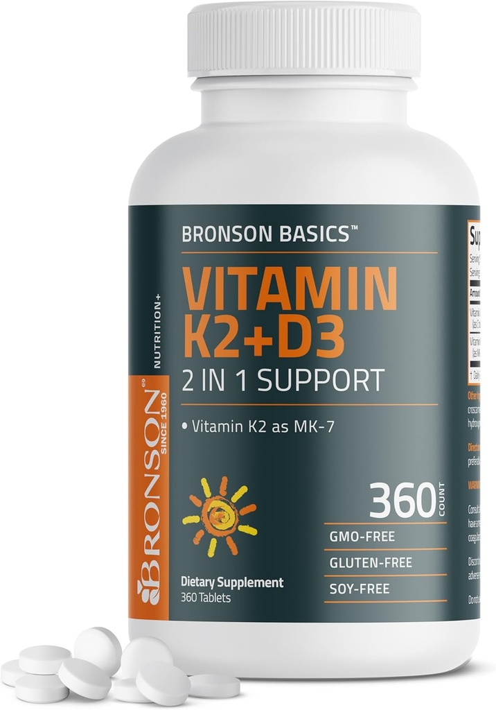 Bronson Vitamin K2 D3 (MK7) Supplement Non-GMO Formula Vitamin D3 5000IU (125 mcg) & 90 mcg K2 MK-7, Easy to Swallow D & K Complex, 360 Tablets