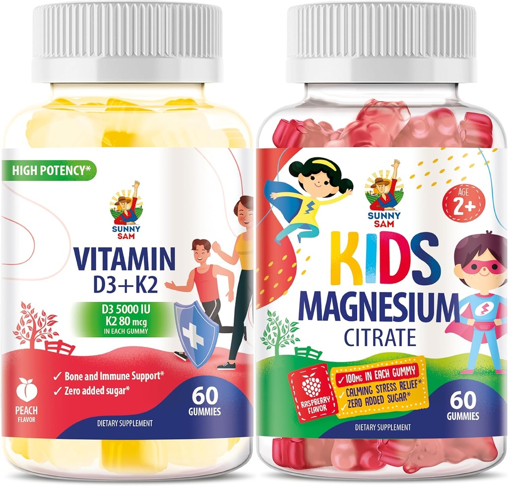 SUNNY SAM Vitamin D3 K2 Gummies 5000 IU & Magnesium Gummies for Kids Citrate Chewable Supplement for Mood & Muscle Support