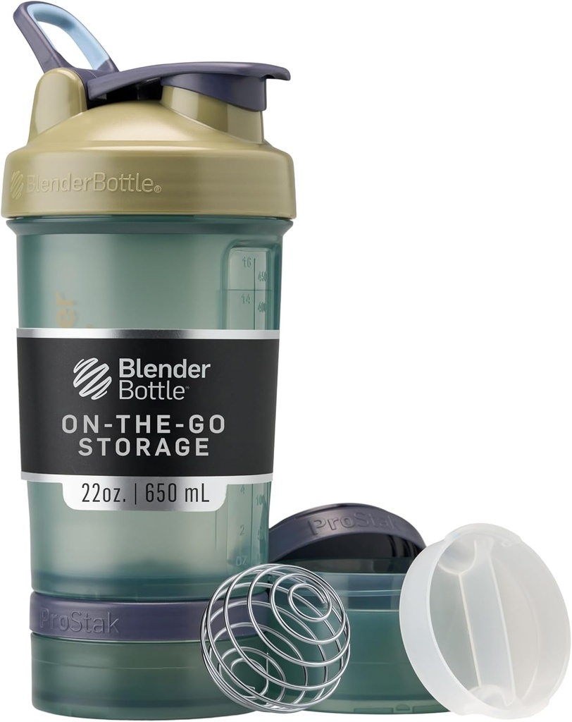 BlenderBottle Shaker Bottle with Pill Organizer and Storage for Protein Powder, Classic V2 ProStak System, 22-Ounce, Tan