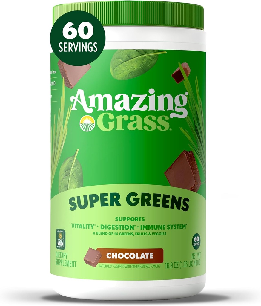 Amazing Grass Greens Superfood Powder: Greens Powder with Digestive Enzymes & Probiotics, Organic Spirulina, Chlorella, and Beet Root Powder, Chocolate, 60 Servings