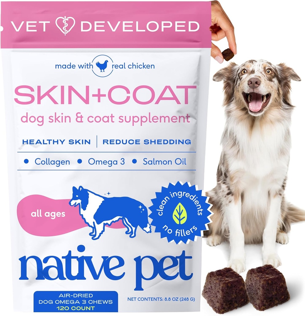 Native Pet Omega Skin and Coat Chews for Dogs - Dog Skin and Coat Supplement for Healthy, Shiny Fur, Reduce Shedding and Dry Spots - Made with Omega 3 Fish Oil and Wild-Caught Salmon Oil - 120 Chews