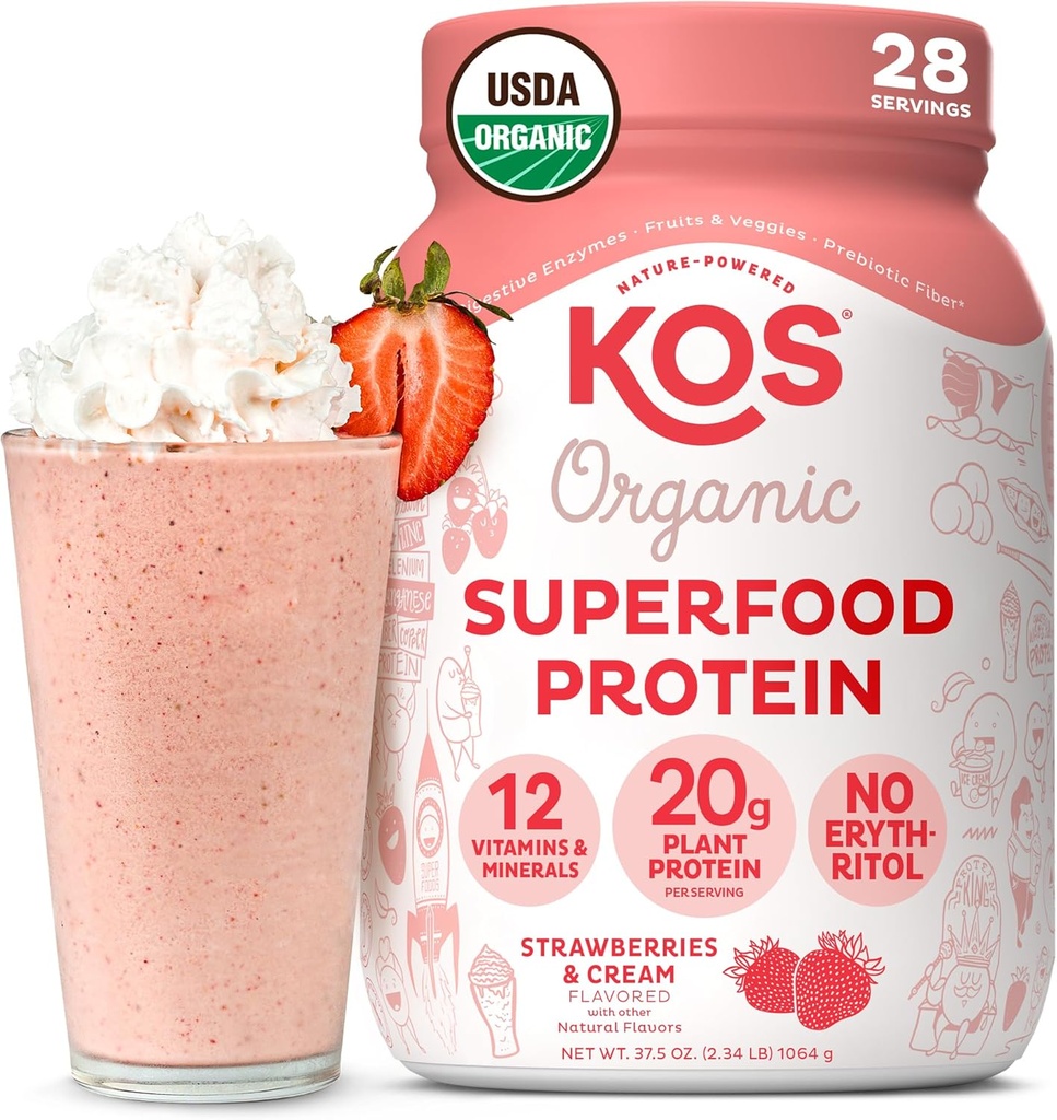 KOS Vegan Protein Powder, Strawberries & Cream USDA Organic - Low Carb Pea Protein Blend, Plant Based Superfood with Vitamins & Minerals, Gluten Free - Meal Replacement for Women & Men - 28 Servings