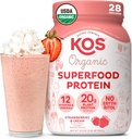 KOS Vegan Protein Powder, Strawberries & Cream USDA Organic - Low Carb Pea Protein Blend, Plant Based Superfood with Vitamins & Minerals, Gluten Free - Meal Replacement for Women & Men - 28 Servings