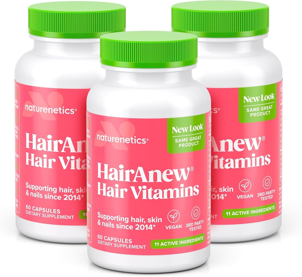 HairAnew Hair Growth Vitamins for Thicker Stronger Hair | Works for Women & Men All Hair Types | 11 Hair Vitamins & Ingredients | 5000mcg Biotin | Vegan | Independently Tested | 60 Capsules (3)