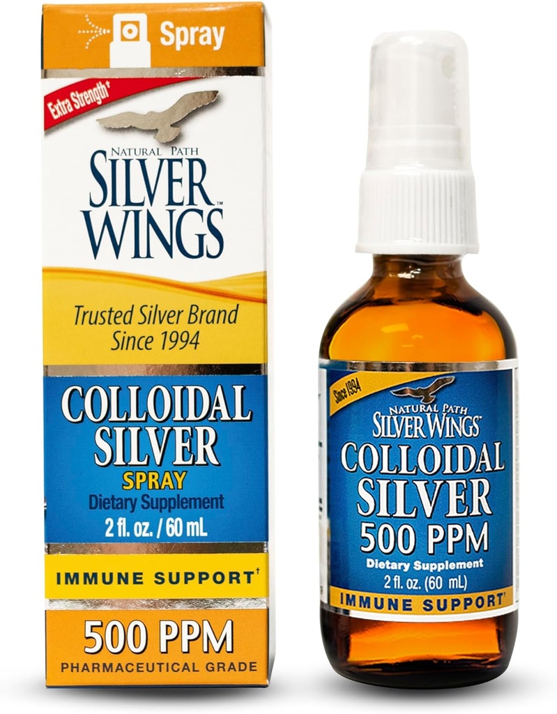Natural Path Silver Wings Colloidal Silver - Extra Strength Liquid Immune Support Supplement- - 500ppm (2500mcg) - 2oz Spray