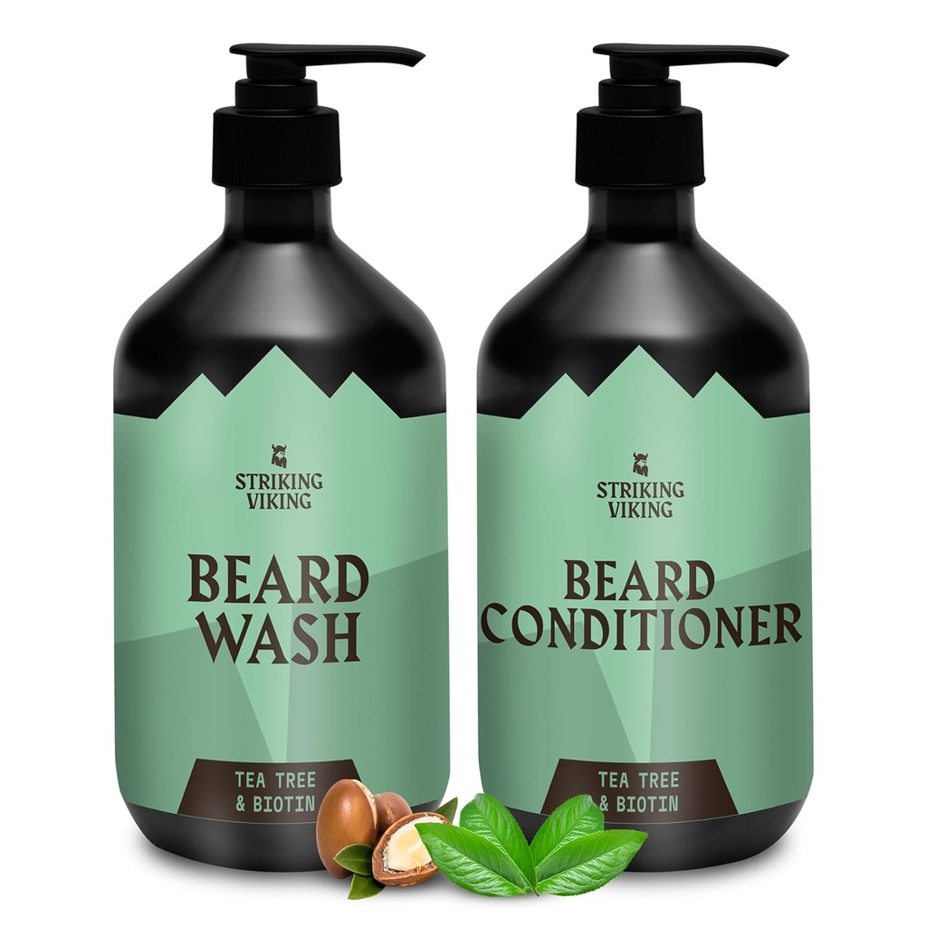 Striking Viking Beard Wash and Conditioner (Tea Tree & Biotin) - Paraben & Sulfate Free Cleansing Care for All Beard Types (10oz Per Bottle)