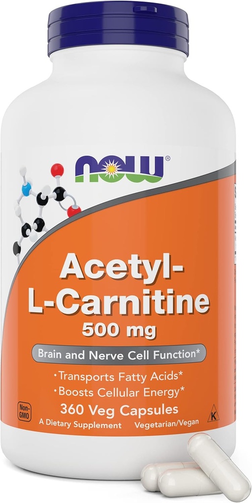 NOW Foods Now Acetyl L Carnitine 500mg, 360 Veg Capsules - Non-GMO ACL 500 mg Caps