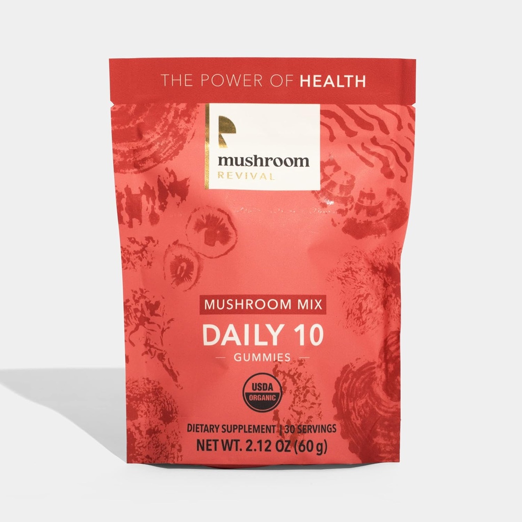 Mushroom Revival, Organic, Daily 10 Mushroom Mix Gummies, 2.12 Ounces, Non-GMO, Vegan, Gluten Free, Keto, Dairy Free
