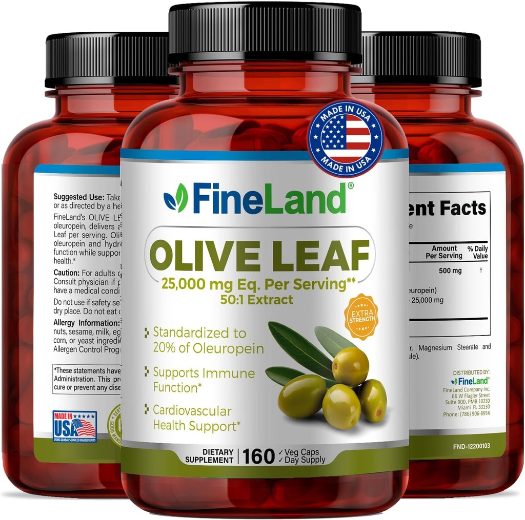 FineLand Olive Leaf Extract 50x – 25,000mg Eq. per Serving | 160 Vegan Caps, Olive Extract with 20% Oleuropein | Herbal Antioxidant Supplement for Circulatory and Immune Support, Made in USA