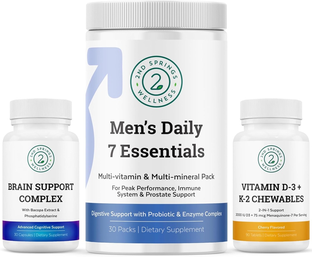Men's Health Vitality Bundle: Brain Support Complex, Men's Daily 7 Essentials, and Vitamin D3 + K2