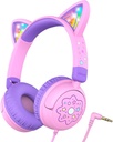 iClever Kids Headphones Cat Ear, LED Light Up, 85dBA Safe Volume, Stereo Sound Toddler Headphones for Travel School, Foldable 3.5mm Wired Kids Headphone for iPad Tablets, Meow Lollipop -Pink