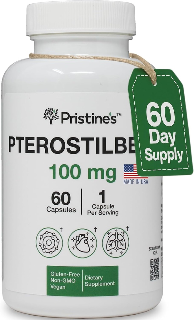 PRISTINE'S Pterostilbene 100mg Anti Aging Supplement Capsules - 60 Day Supply - Lung Health & Mental Clarity Antioxidant - High Bioavailability Vegan Non GMO