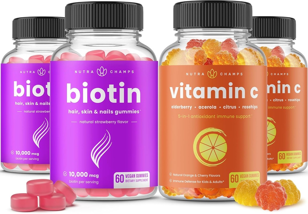 NutraChamps Biotin Gummies (2 Pack) and Vitamin C Gummies (2 Pack) 4 Pack Bundle